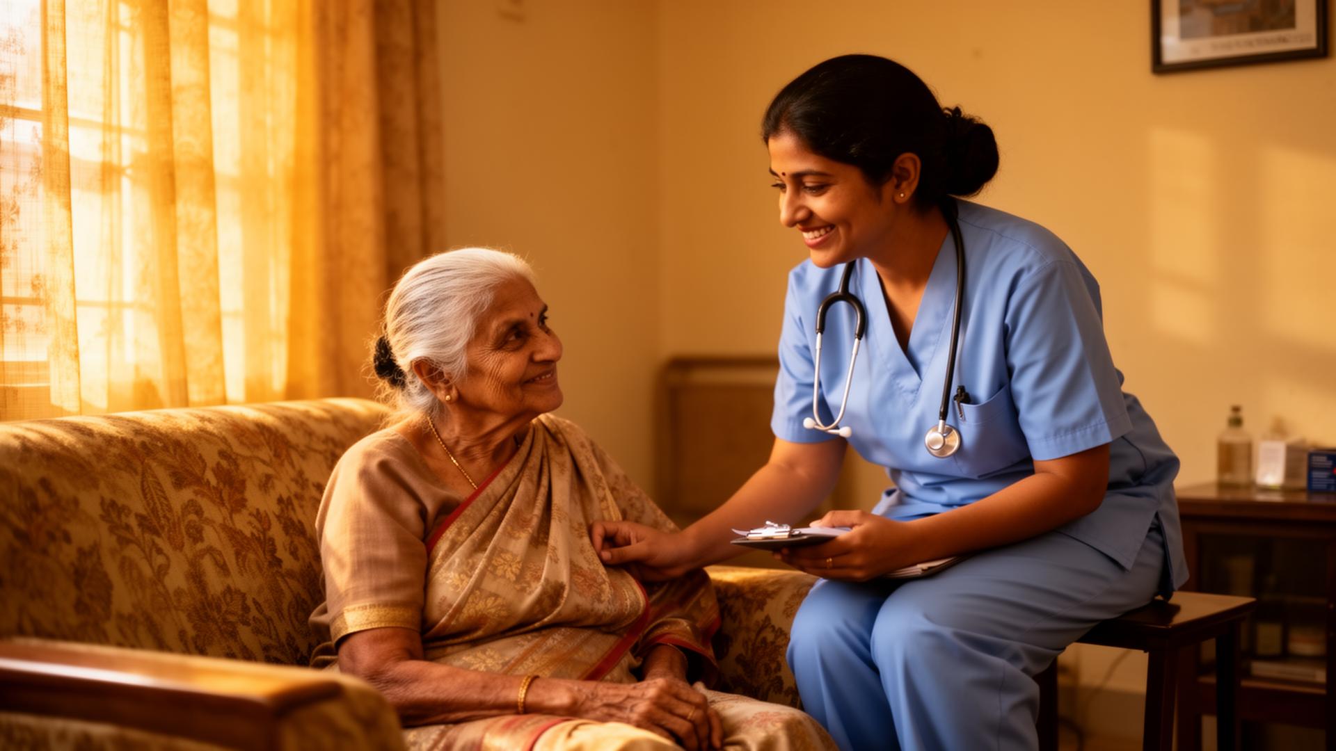 Ginger Era nurse caring for an elderly patient at home