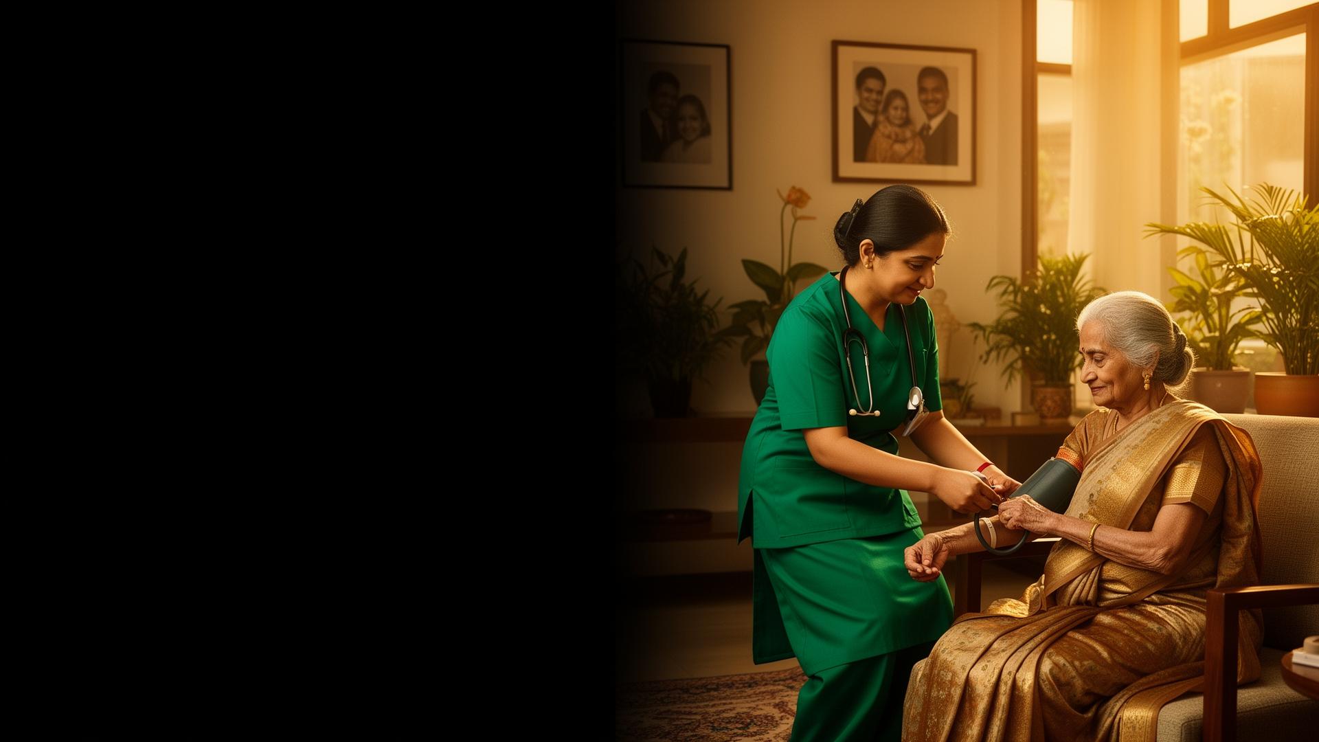 Indian home-care nurse checking an elder's blood pressure
